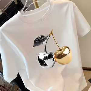 Golden Cherry Printed Women'S Short Sleeved T-Shirt Fashionable Casual, Comfortable Soft Fabric, Spring/Summer Women'S T-Shirt