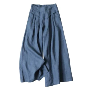 2026 Summer Women's Culottes Cotton Linen Cropped Wide Leg Pants Elastic Waist Casual Palazzo Trousers with Pockets