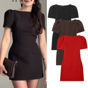 TFMLN Elegant Women Short Sleeve Mini Dress Slim Fit High Waist Short Sleeve Solid Dresses Simple Bodycon Commuter Dress