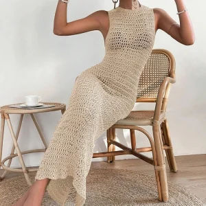 Fashionable and elegant hollow out dress with round neck and waist clip skirt, sleeveless slim fit woolen dress for women
