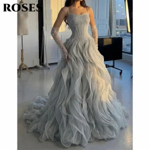 ROSES Silver Gray Evening Dress with Beaded Floral Embroidery Formal Gown Ruffled Organza Night Dresses Prom Dresses Customized