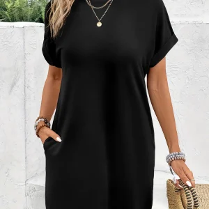 Loose Fit T-Shirt Dress with Pockets, Soft Breathable Summer Mini Dress, Casual Short Sleeve A-Line Sun Dress for Women