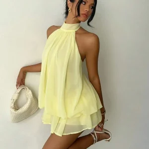 Women's Elegant Butter Yellow Chiffon Halter Tie Mini Dress Fashionable Summer Dress for Women