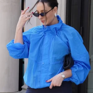 Bright Blue Cropped Windbreaker Jacket High Neck Drawstring Waist Elastic Cuffs Hem Coat 2026 Lady Casual Outdoor Streetwear