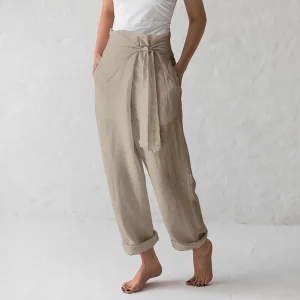 Women Solid Color Elastic Binding Foot Casual Pocket Pants Summer 2026 Elegant Lady Cotton Line High Wasit Women Pants