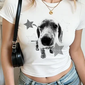 Women Y2K Dachshund Dog Print Crop Top Raglan Short Sleeve T-Shirt Casual Black White O-neck Slim Fit Streetwear Cotton Tee
