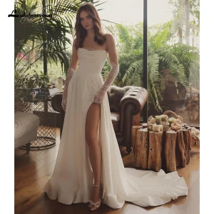 Lakshmigown Sexy Split Lace Strapless Simple Satin A Line Wedding Dress Customized Boho Bridal Gowns vestidos de novia robe