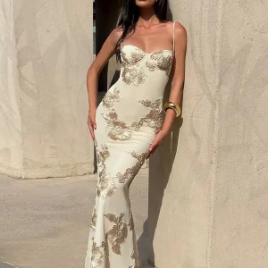 Weird Puss Flower Embroidery Maxi Dress Women Low-Neck Cross Bandage Backless Summer Street New Trend Skinny Elegant Vestidos