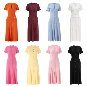 Summer Elegant Lady Knitted Single Breasted Long Dresses Women Solid Short Sleeve O Neck Button Bodycon Party Female Vestidos