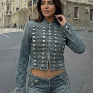 HH Women Fashion Denim Jacket Front Metal Button Decoration Coat Long Sleeve Slim Jacket Elegant Woman High Street Denim Outwear