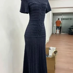 Sequins Knitted Slim Fit Maxi Dress For Women Short Sleeve Pleated Hem Long Robes Luxury Vestidos 2026 New Lady Streetwears